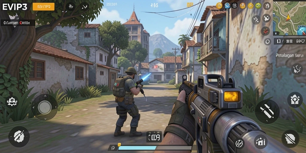 Screenshot gameplay EVIP3 dengan aksi pertempuran menarik.