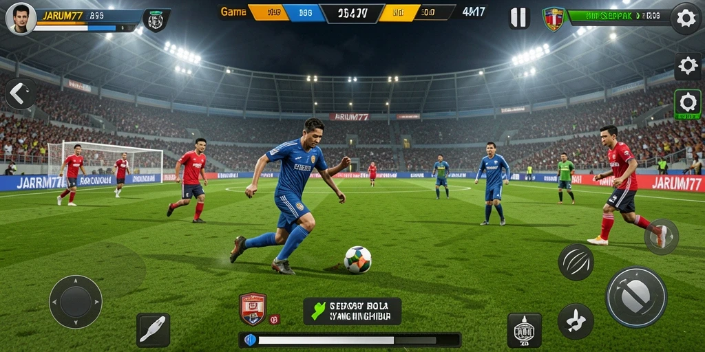 Tampilan gameplay seru dalam JARUM77 dengan aksi sepak bola nyata.