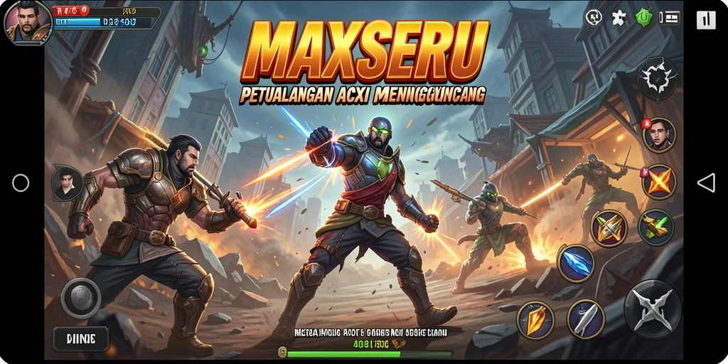 Screenshot MAXSERU menunjukkan aksi pertempuran yang mendebarkan dan karakter yang berani.