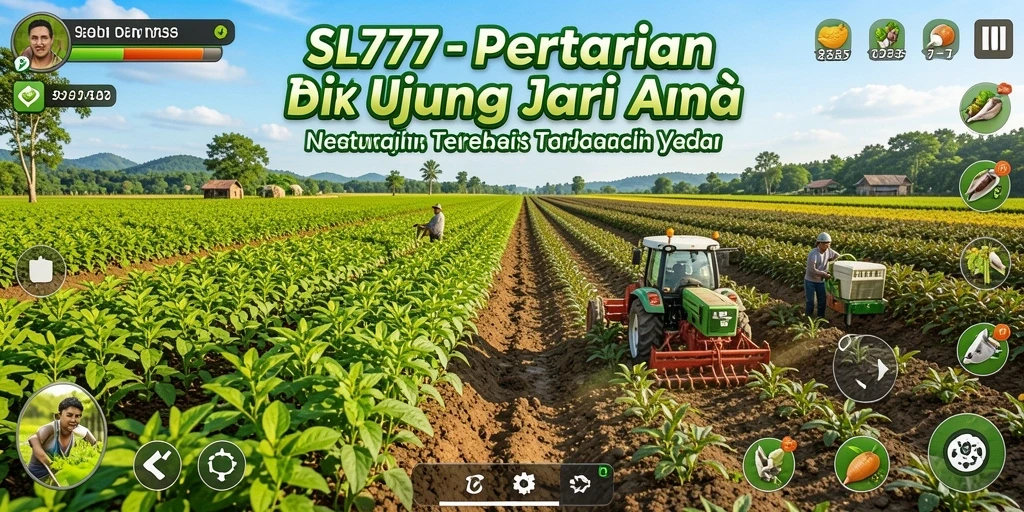 Tampilan gameplay SL777 yang menampilkan ladang yang indah dan tanaman hijau.